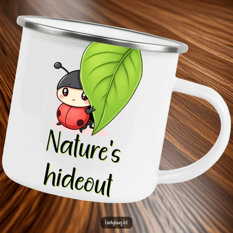 Funny camping mug featuring a curious ladybug character peeking from under a leaf, ideal for outdoor exploration.