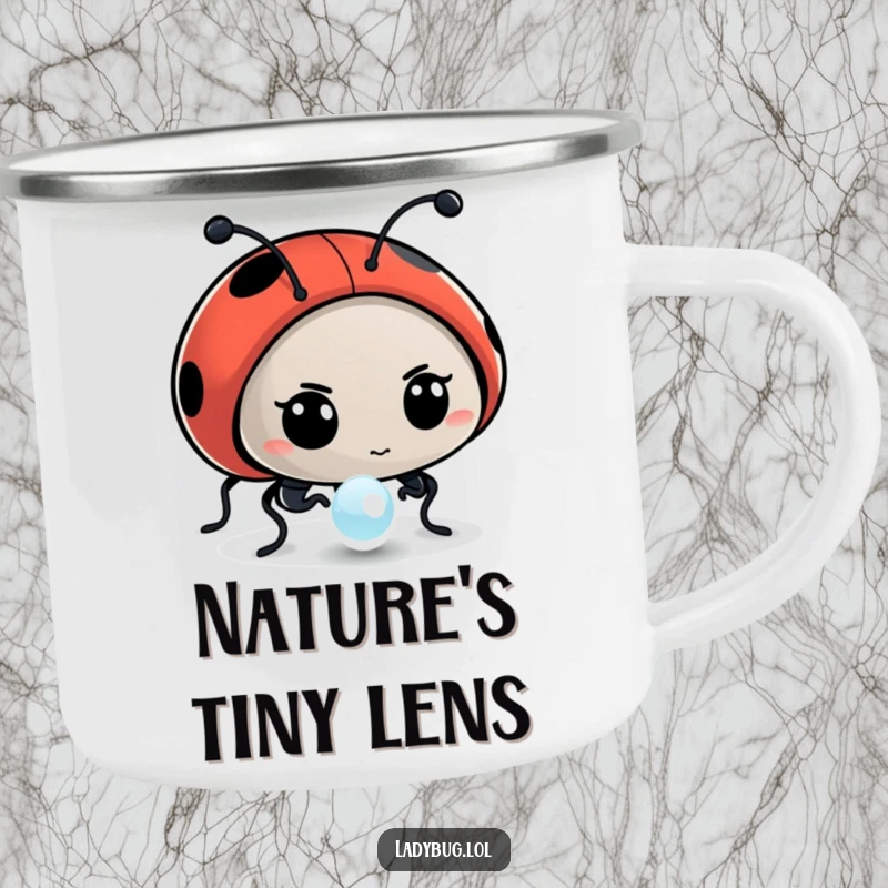 Funny camping mug featuring a determined ladybug character intently examining a dewdrop, great for outdoor contemplation.