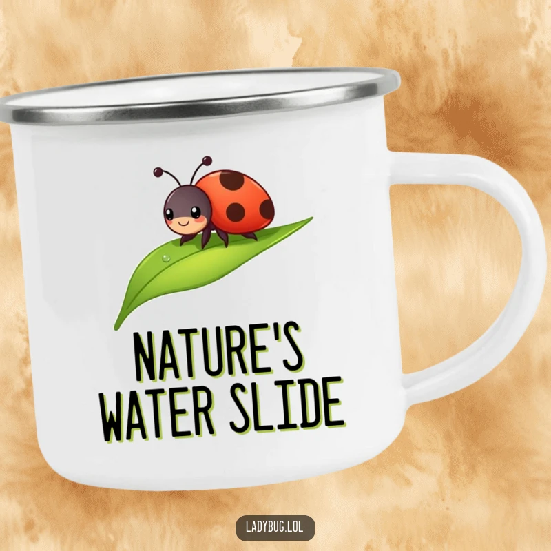 Funny ladybug camping mug showing a cheerful bug sliding down a dewdropped leaf. Durable and humorous for campers.