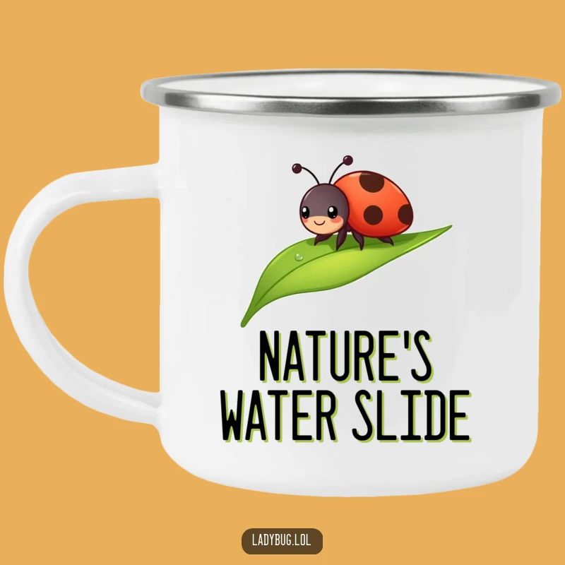 Funny Cheerful Ladybug Camping Mug: Sliding Leaf Fun Outdoors