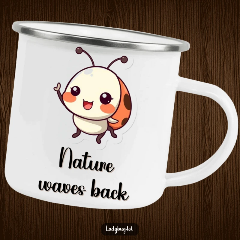 Funny ladybug camping mug showing a happy ladybug character cheerfully waving its tiny antennae, perfect for outdoor cheer.