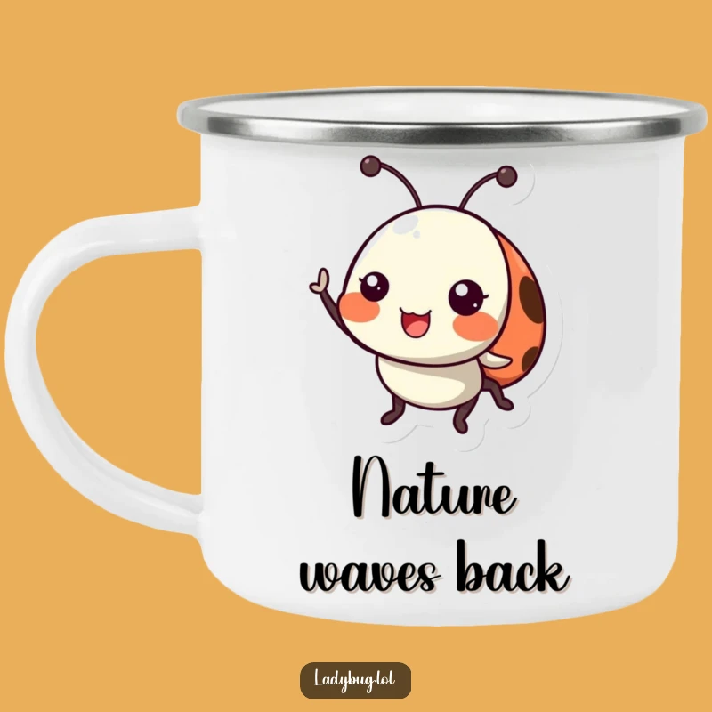 Funny Ladybug Camping Mug: Cheerful Wave Drinkware, Humorous Insect Gift