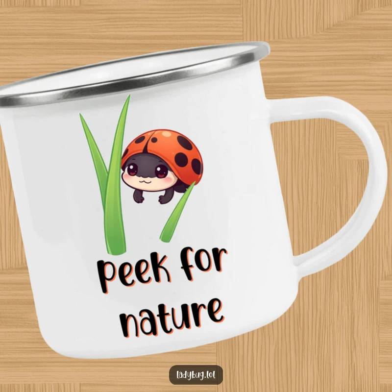 Funny ladybug camping mug featuring a curious ladybug character peeking from behind grass, ideal for outdoor enthusiasts.