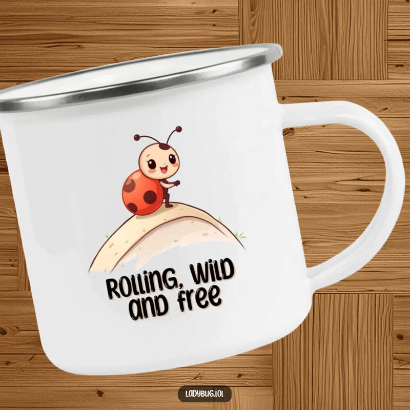 Funny Camping Mug with a ladybug character in mid-roll down a gentle slope, capturing a moment of pure outdoor joy.