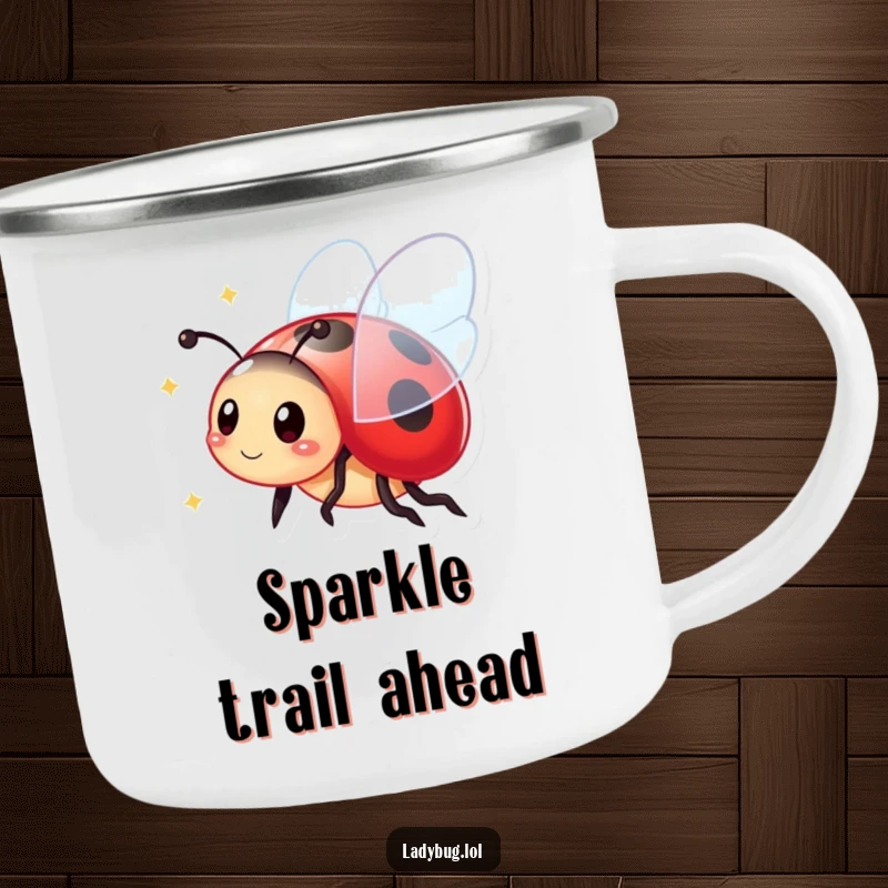 Funny Camping Mug: Vibrant ladybug with sparkling wings, perfect for holding warm drinks during outdoor escapades.