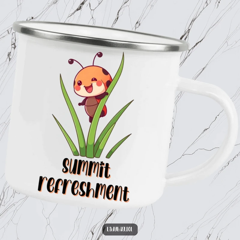 Funny camping mug featuring a joyful ladybug character happily climbing a tall blade of grass, ideal for outdoor adventures.