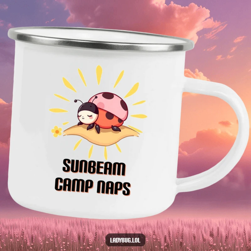 Funny Camping Mug: Charming ladybug peacefully napping on a stylized sunbeam, perfect for relaxing outdoors.