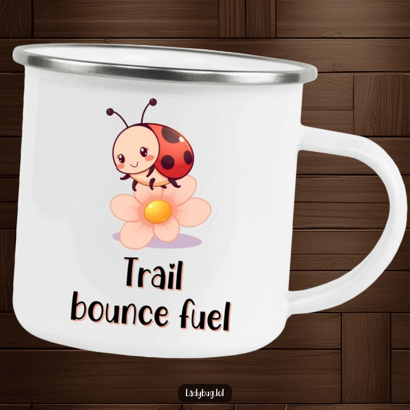 Funny ladybug camping mug featuring an energetic ladybug character bouncing on a flower petal, perfect for outdoor enjoyment.