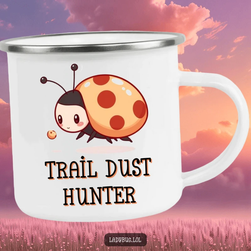 Funny camping mug featuring a playful ladybug character enthusiastically chasing a tiny dust mote, ideal for outdoor adventures.