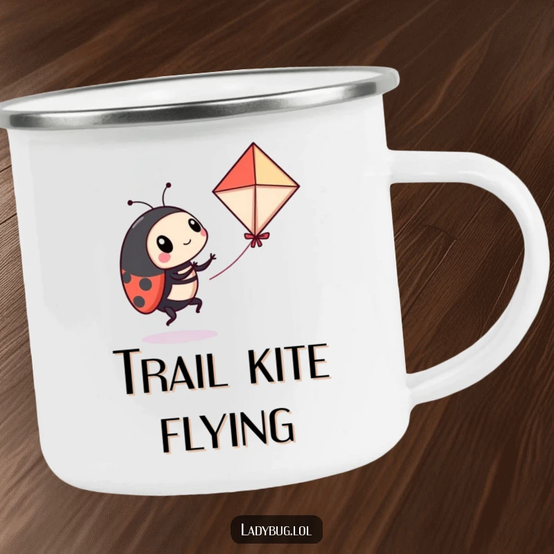 Funny ladybug camping mug with a playful ladybug comically attempting to fly a miniature kite, blending outdoor fun with humor.