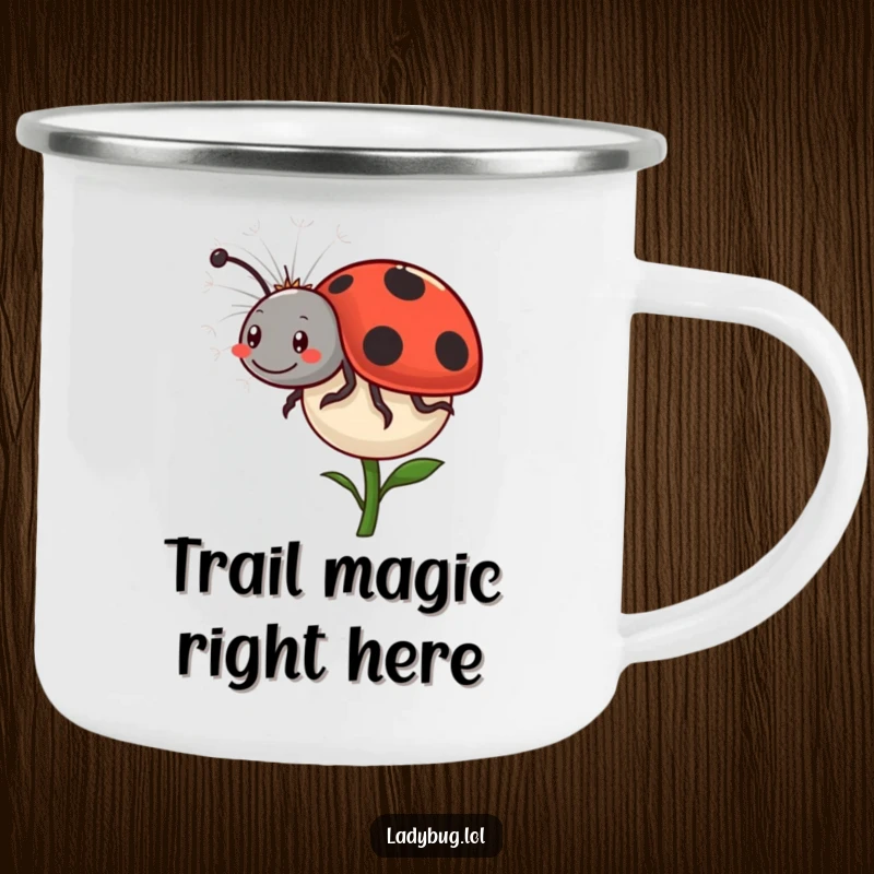 Funny Ladybug Dandelion Camping Mug: A happy ladybug comically rides a dandelion seed, perfect for charming outdoor enjoyment. Rugged and adorable.