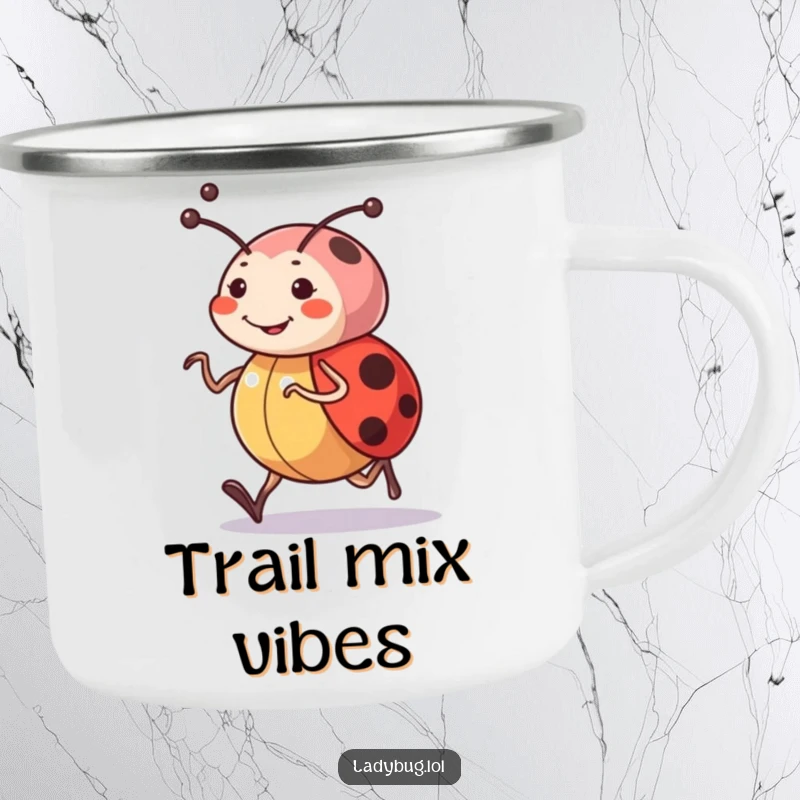 Funny camping mug with a cheerful ladybug character jogging, determined antennae leading the way, ready for outdoor fun.