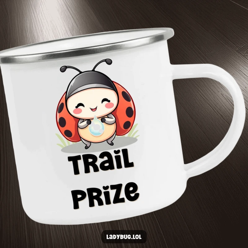 Funny ladybug camping mug showcasing a happy ladybug carrying a shiny dewdrop like a prized treasure, perfect for outdoor use.