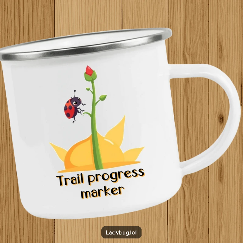 Funny determined ladybug camping mug showing a ladybug character climbing an abstract plant stem, designed for outdoor use.