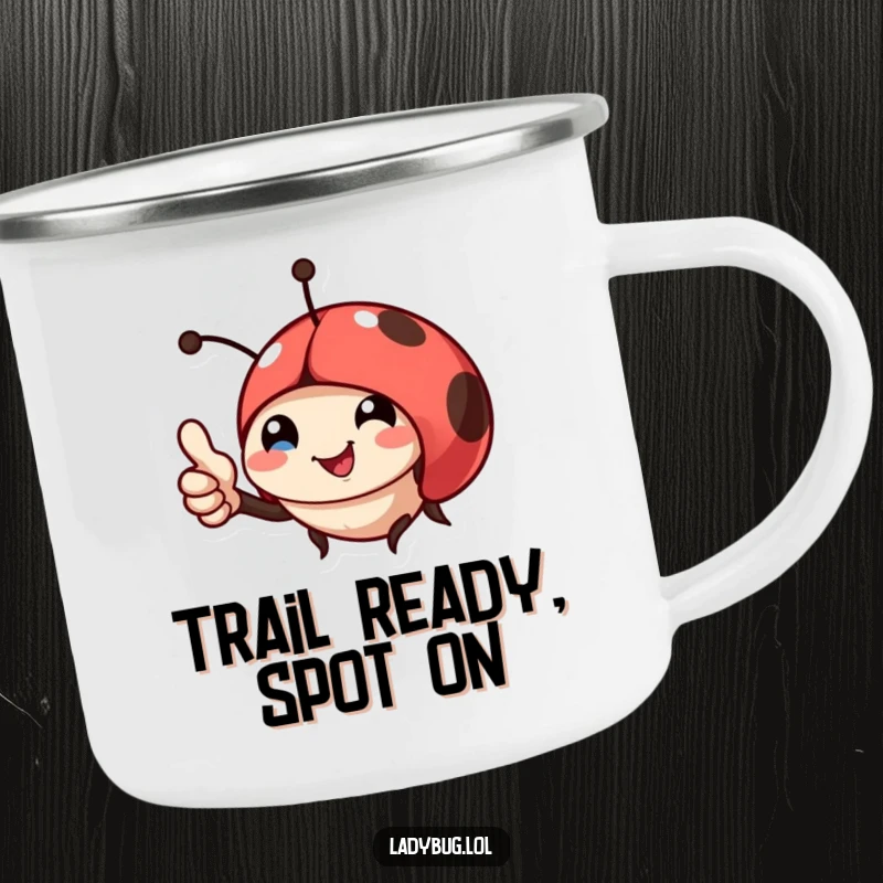 Funny camping mug featuring a smiling ladybug giving a thumbs up, ideal for outdoor adventures and hot drinks.