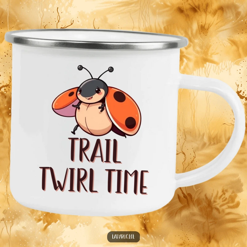 Funny camping mug featuring a ladybug character playfully spinning with wings open, perfect for enjoying drinks outdoors with whimsical charm.