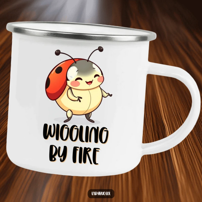 Funny ladybug camping mug showing a playful ladybug doing a silly dance with wiggling antennae, for fun outdoor enjoyment.