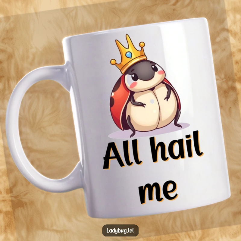 Funny Ladybug Mug: A ladybug wearing a tiny golden crown comically surveys its surroundings with a serious expression.