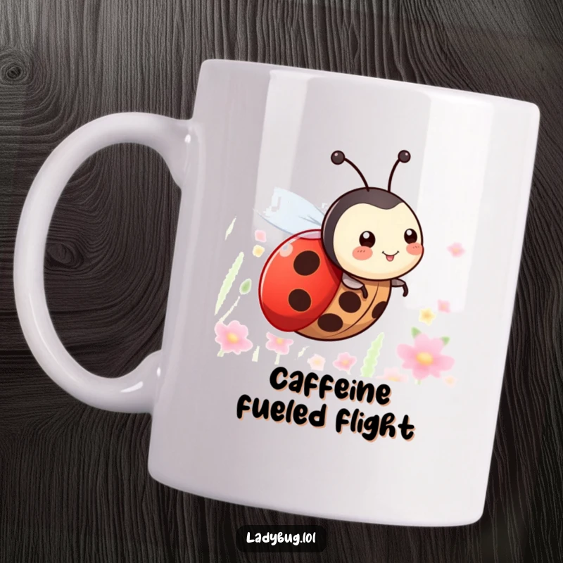 Funny mug featuring a happy ladybug character with tiny wings, joyfully zooming through the air with a delighted expression.