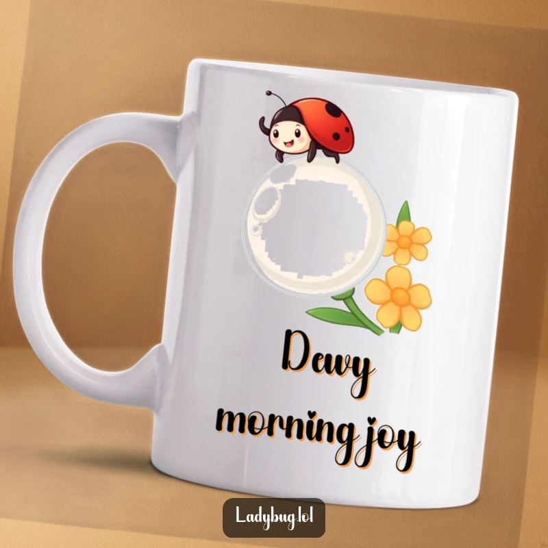 Funny ladybug cheerfully waves from atop a giant dewdrop, looking delighted on a mug.