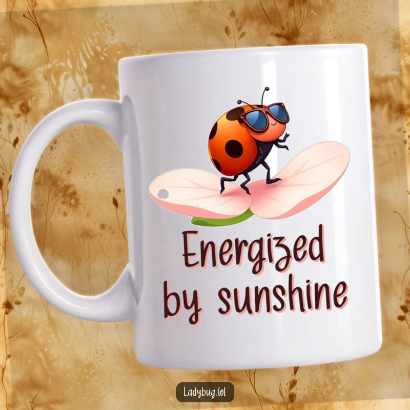 Funny ladybug mug with tiny sunglasses, cheerfully jogging across a petal, radiating coolness and a love for outdoor fun.