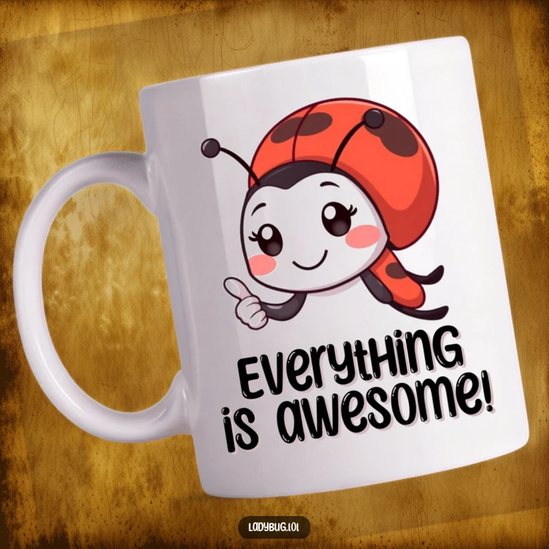 Funny ladybug mug with a smiling ladybug character giving a tiny, enthusiastic thumbs-up, radiating positivity.