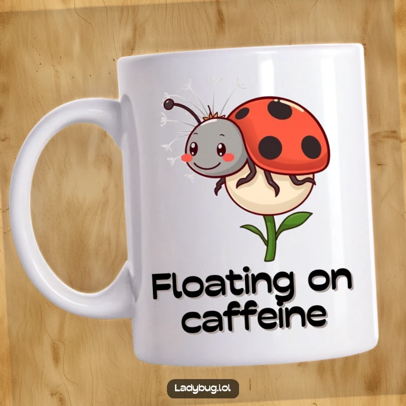 Funny Ladybug Dandelion Mug: A happy ladybug comically rides on a floating dandelion seed, embarking on a whimsical journey. Cute and funny.