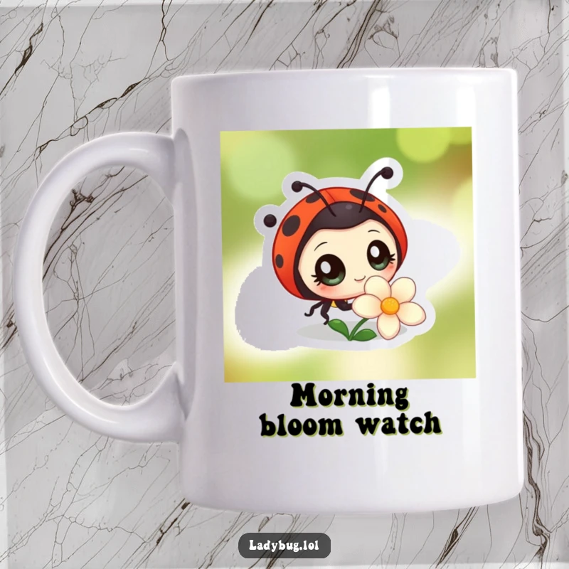 Funny mug featuring a ladybug character with big, bright eyes, curiously observing a delicate flower, embodying innocent wonder.