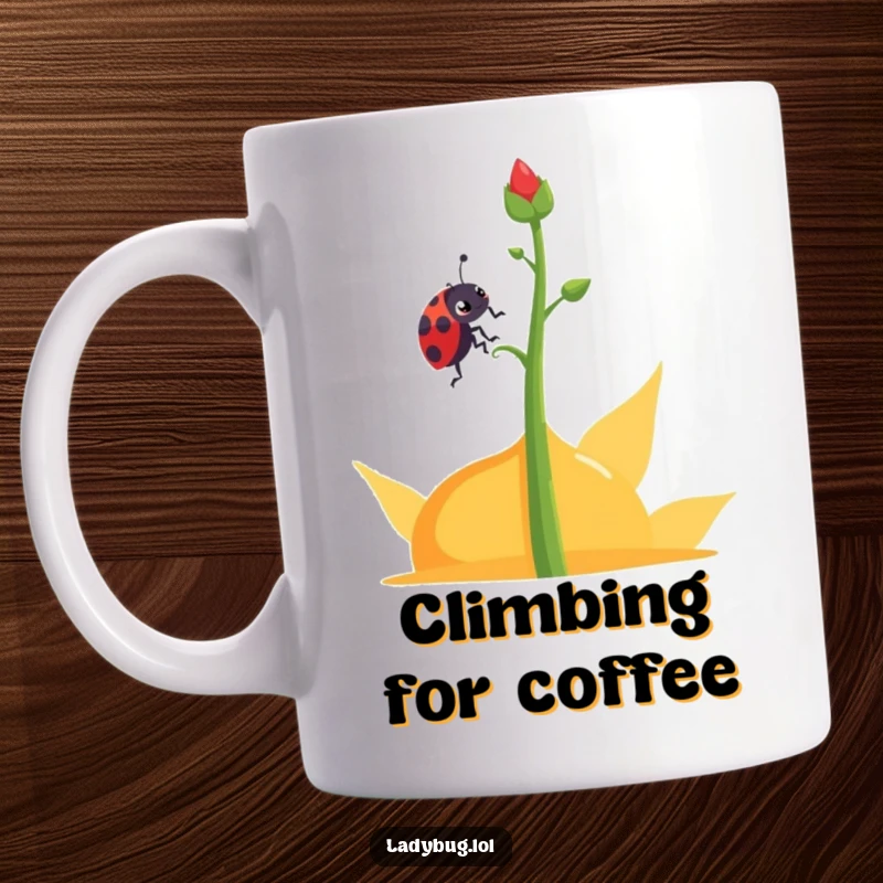 Funny determined ladybug mug showing a ladybug character climbing an abstract plant stem with focus and drive.