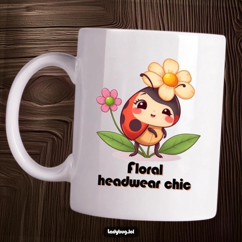 Funny ladybug mug showing a ladybug comically trying to wear a flower as a hat, a humorous take on fashion.