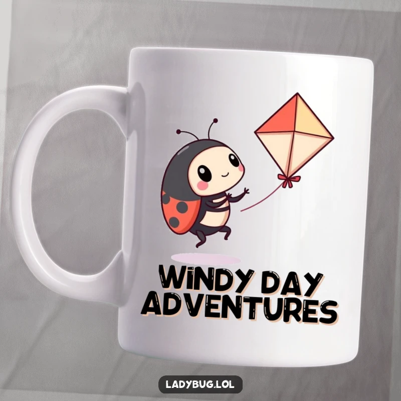 Funny ladybug mug depicting a playful ladybug comically attempting to fly a miniature kite, a humorous scene of ambition.
