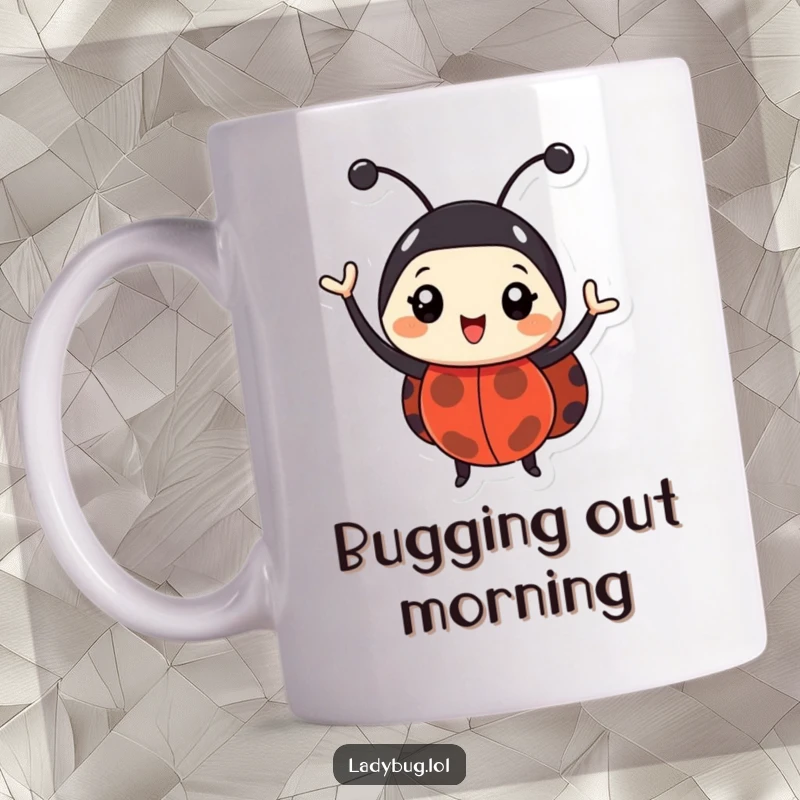 Funny ladybug mug showing a happy bug enthusiastically waving its antennae, a symbol of cheerful greetings. A great gift.