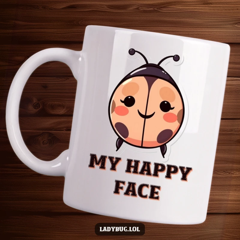 Funny ladybug mug: a happy ladybug character with spots creatively arranged to form a big smiley face, radiating pure delight.