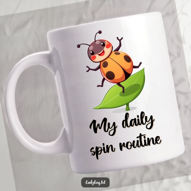 Funny ladybug mug featuring a cheerful ladybug doing a joyful cartwheel on a green leaf, showcasing energetic fun.