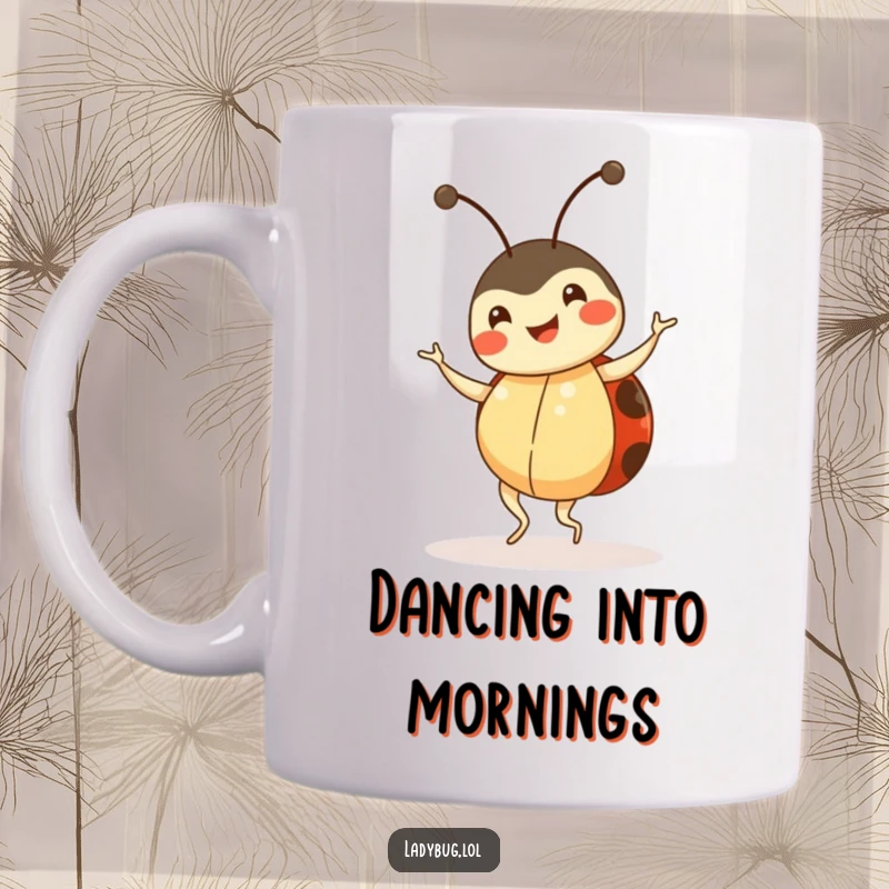 Funny ladybug mug, happy insect character doing a little dance, cute and cheerful, perfect gift.