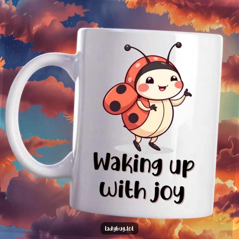 Funny ladybug mug showcasing a cute character enthusiastically doing a happy little dance, radiating pure joy and movement.