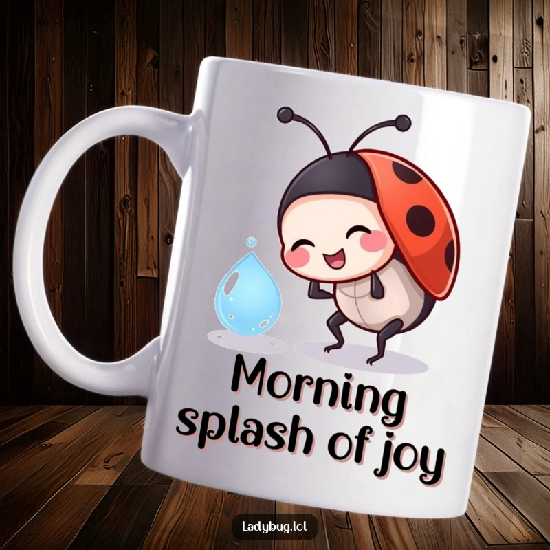Funny ladybug mug showing a jovial insect character playfully bumping into a glistening dewdrop, full of innocent fun.