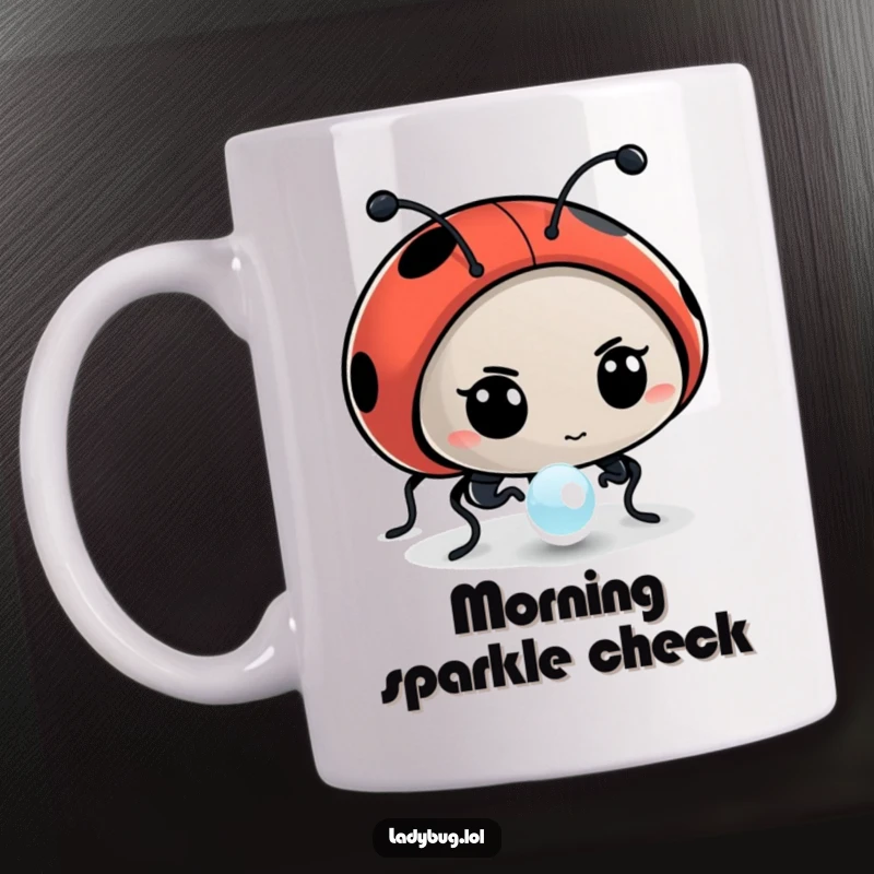 Funny mug featuring a determined ladybug character intently examining a sparkling dewdrop, showcasing deep concentration.