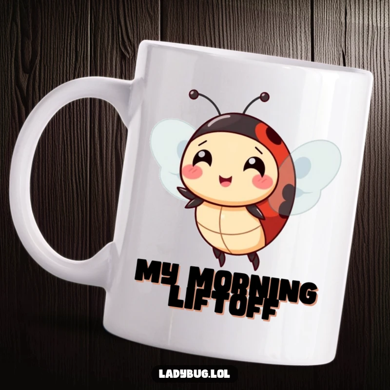 Funny ladybug mug, comically attempting to fly with extra wings, showcasing a humorous bug with ambitious, albeit cluttered, flight plans.