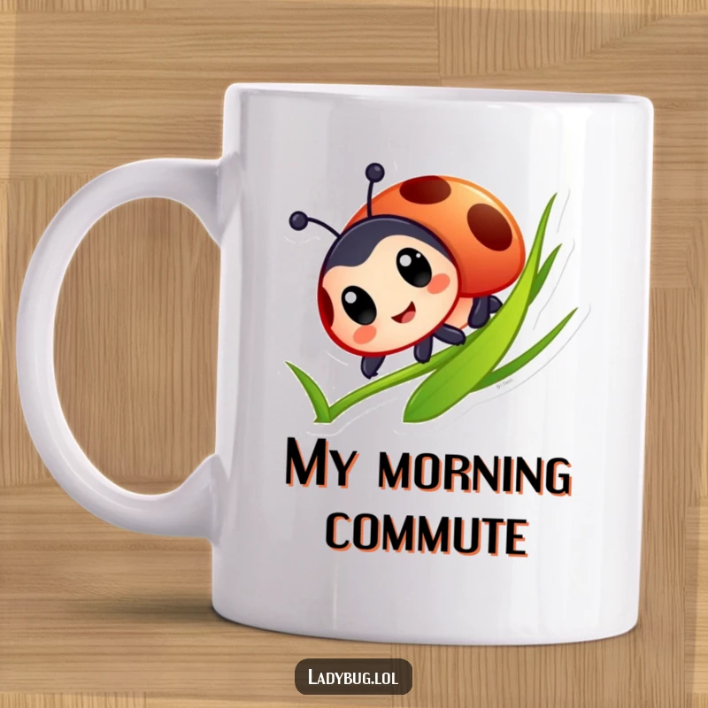 Funny Ladybug Mug: Cute character with big eyes joyfully slides down a vibrant green blade of grass, bringing lighthearted fun.