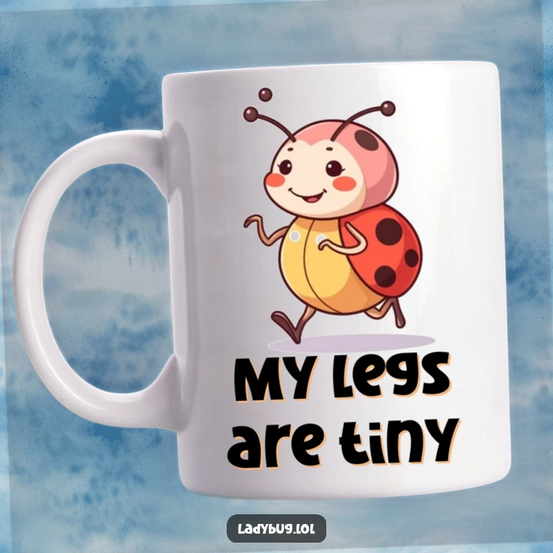 Funny mug featuring a cheerful ladybug character with determined antennae, joyfully jogging with a smile and a determined look.