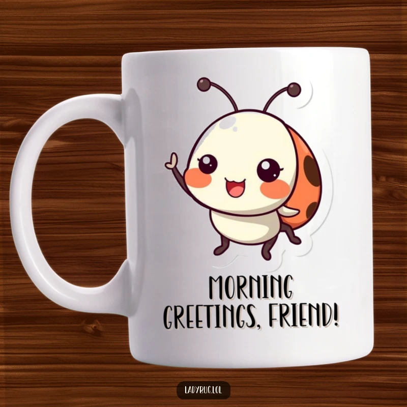 Funny ladybug mug with a happy ladybug character cheerfully waving its tiny antennae, spreading good vibes.