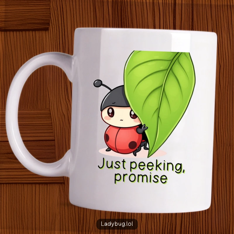 Funny mug featuring a curious ladybug character playfully peeking from under a large green leaf, inviting a smile.