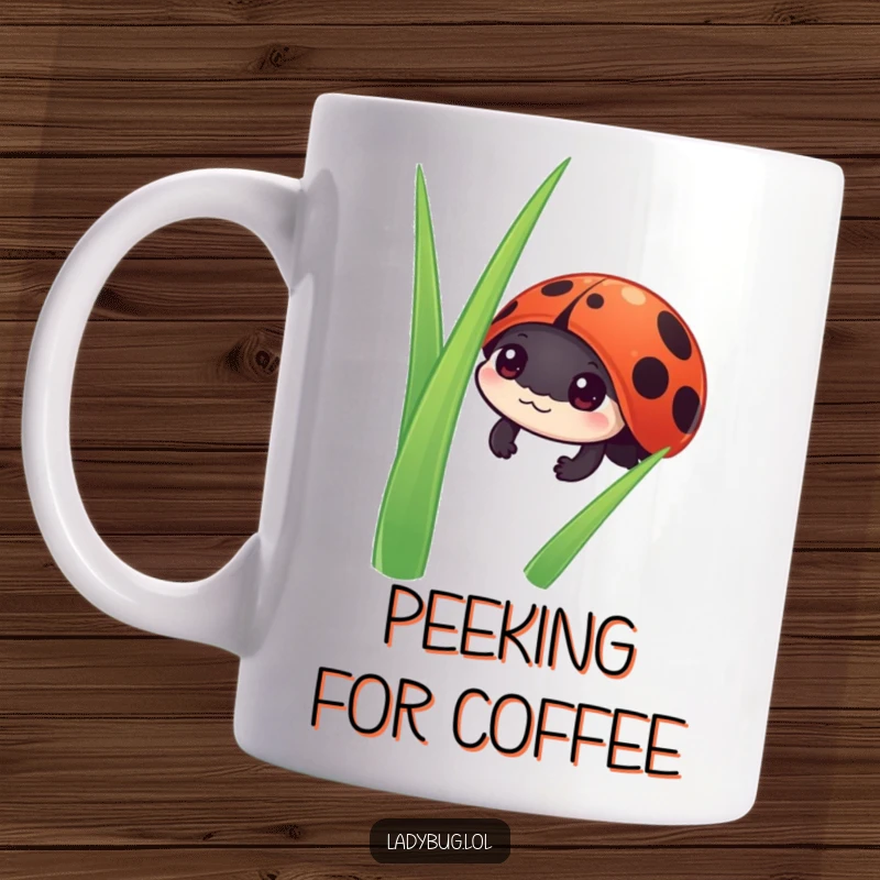 Funny ladybug mug showing a cute ladybug character curiously peeking out from behind a lush green blade of grass.