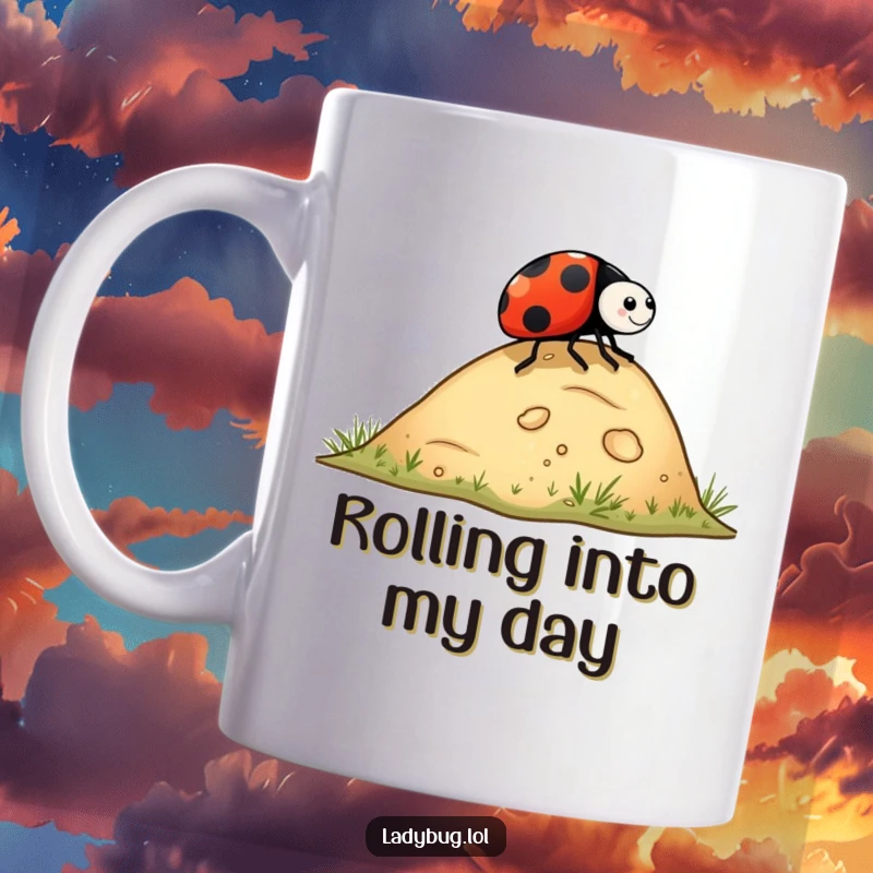 Funny ladybug mug showing a ladybug rolling playfully down a tiny hill, conveying a sense of fun and adventurous spirit.