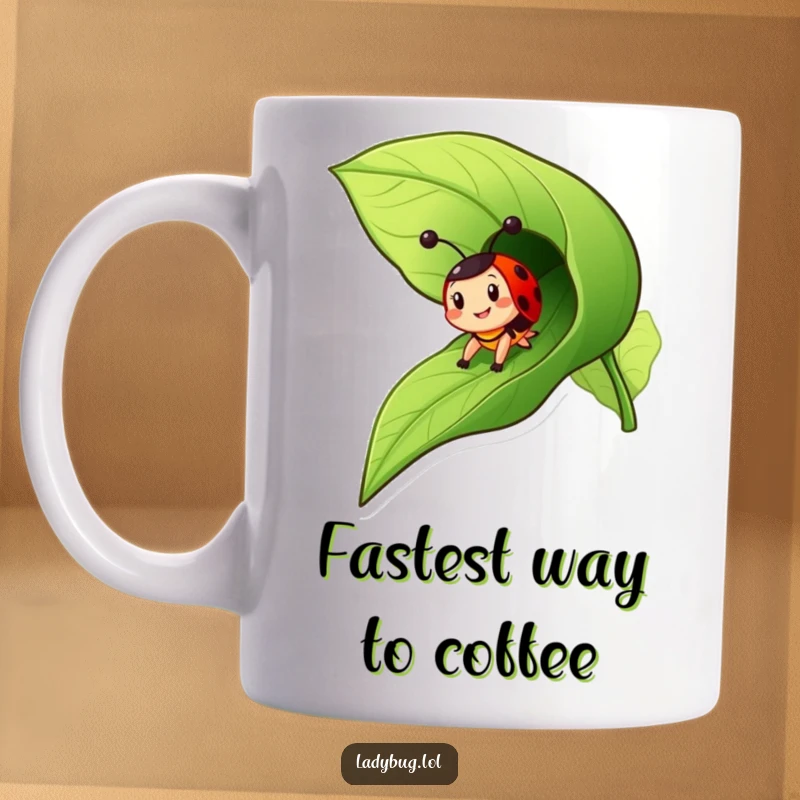 Funny ladybug mug showing a cheerful insect character zooming down a green leaf like a fun slide, full of excitement.