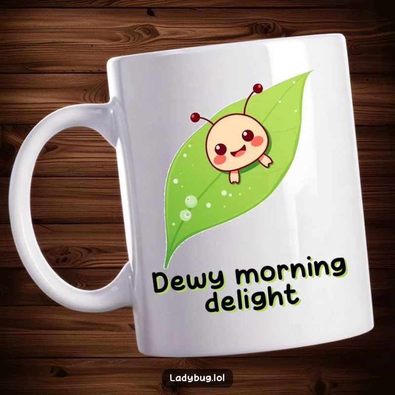 Funny ladybug mug, joyfully sliding down a dewy leaf, capturing a moment of pure, carefree delight in nature.