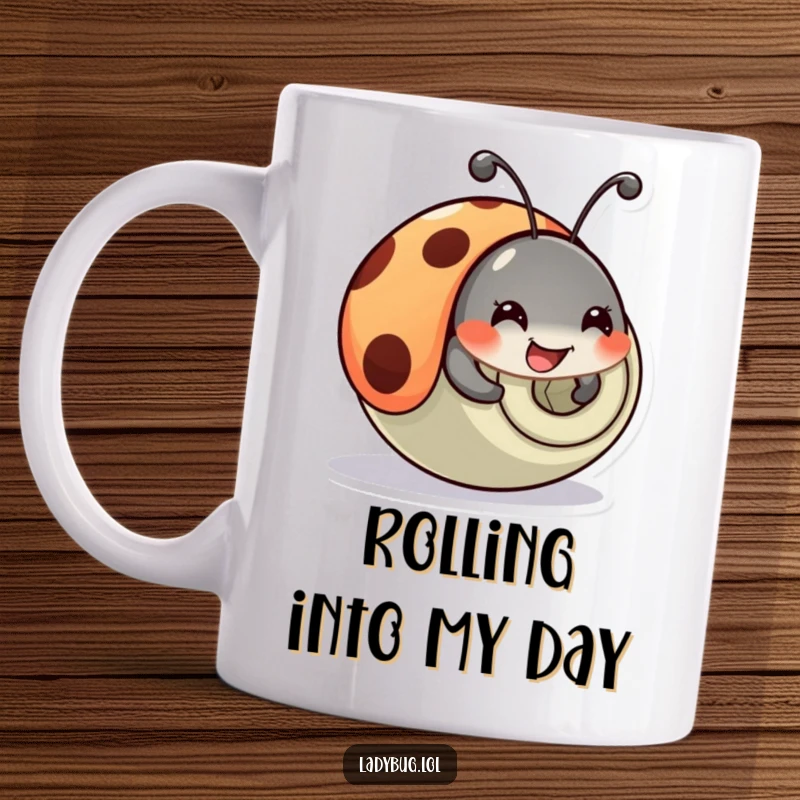 Funny Ladybug Mug: A happy ladybug comically tumbles and rolls, looking endearingly clumsy and full of fun.