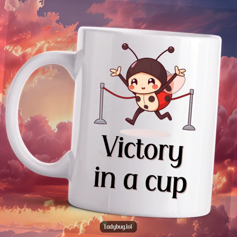 Funny Mug: A victorious ladybug character joyfully crossing an imaginary finish line, celebrating a triumphant win.