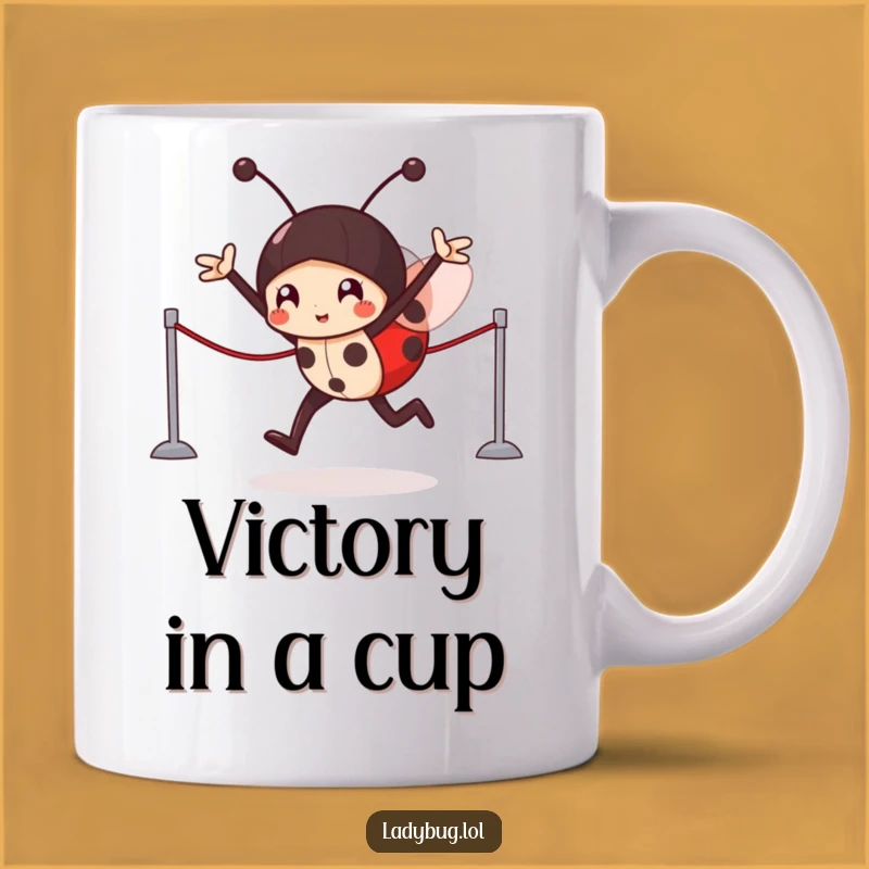 Funny Ladybug Victory Mug: Victorious Character Wins Imaginary Race Hilariously!